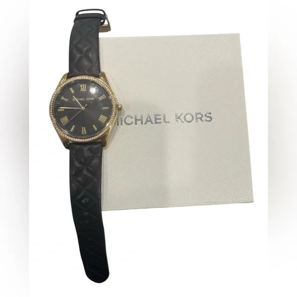 Michael Kors Gold and Black Quilted Strap Watch - Picture 1 of 4